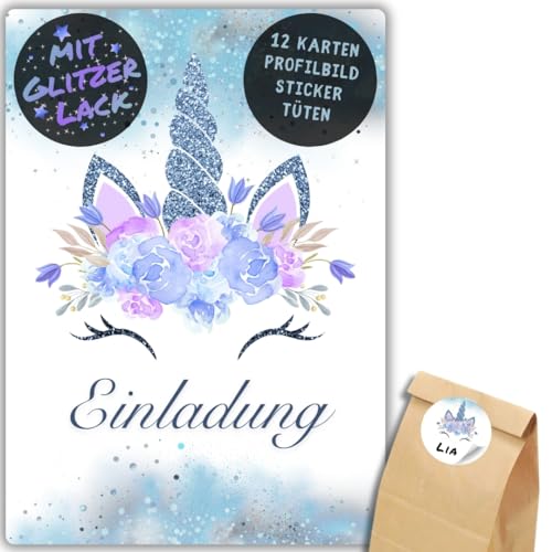 celebr8te 12x Einhorn Glitzer Einladungskarten in blau - Für den Kindergeburtstag von Mädchen - Einhorn Geburtstagseinladungen +12 Sticker +12 Geschenktüten celebr8te 12x Einhorn Glitzer Einladungskarten in blau - Für den Kindergeburtstag von Mädchen - Einhorn Geburtstagseinladungen +12 Sticker +12 Geschenktüten von celebr8te