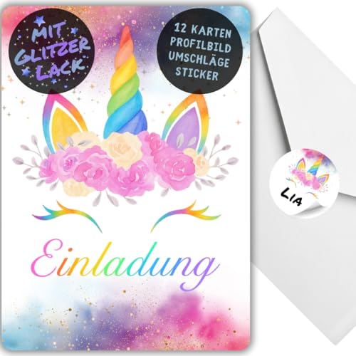 celebr8te 12x Einhorn Glitzer Regenbogen Einladungskarten - Für den Kindergeburtstag von Mädchen - Einhorn Geburtstagseinladungen +12 Umschläge +12 Sticker von celebr8te
