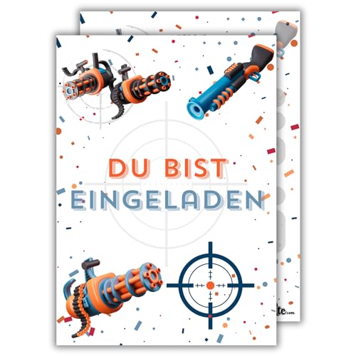 celebr8te 12x Einladungskarten im Spielzeug Shooter Design - Für den Kindergeburtstag von Jungen & Mädchen - Toy Gun Geburtstagseinladungen mit hochwertiger Verarbeitung von celebr8te