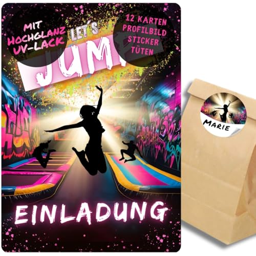 celebr8te 12x Einladungskarten im pinken Jump Trampolin Design - Für den Kindergeburtstag von Mädchen im Jumphouse Trampolinpark + 12 Sticker + 12 Tüten von celebr8te