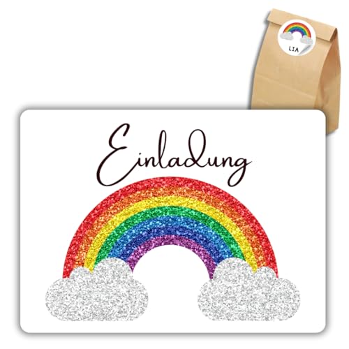 celebr8te 12x Einladungskarten mit Regenbogen Glitzer Motiv - Für den Kindergeburtstag von Mädchen - Bunte Geburtstagseinladungen +12 Sticker +12 Geschenktüten celebr8te 12x Einladungskarten mit Regenbogen Glitzer Motiv - Für den Kindergeburtstag von Mädchen - Bunte Geburtstagseinladungen +12 Sticker +12 Geschenktüten von celebr8te