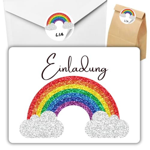 celebr8te 12x Einladungskarten mit Regenbogen Glitzer Motiv - Für den Kindergeburtstag von Mädchen - Bunte Geburtstagseinladungen +12 Umschläge +24 Sticker +12 Geschenktüten celebr8te 12x Einladungskarten mit Regenbogen Glitzer Motiv - Für den Kindergeburtstag von Mädchen - Bunte Geburtstagseinladungen +12 Umschläge +24 Sticker +12 Geschenktüten von celebr8te