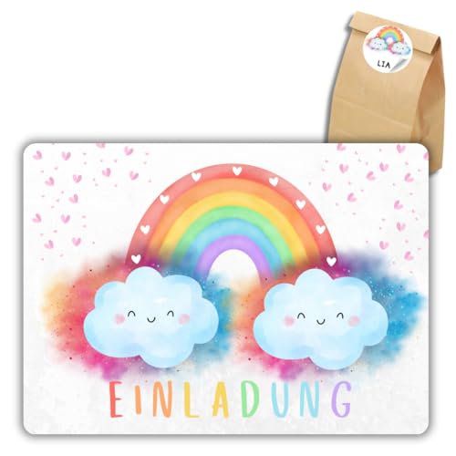 celebr8te 12x Einladungskarten mit Regenbogen Motiv - Für den Kindergeburtstag von Mädchen - Bunte Geburtstagseinladungen +12 Sticker +12 Geschenktüten von celebr8te