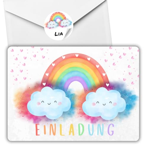 celebr8te 12x Einladungskarten mit Regenbogen Motiv - Für den Kindergeburtstag von Mädchen - Bunte Geburtstagseinladungen +12 Umschläge +12 Sticker von celebr8te