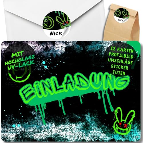 celebr8te 12x Graffiti Einladungskarten - Für den Kindergeburtstag von Jungen - grüne Neon Graffiti Geburtstagseinladungen + 12 Umschläge + 24 Sticker + 12 Geschenktüten celebr8te 12x Graffiti Einladungskarten - Für den Kindergeburtstag von Jungen - grüne Neon Graffiti Geburtstagseinladungen + 12 Umschläge + 24 Sticker + 12 Geschenktüten von celebr8te