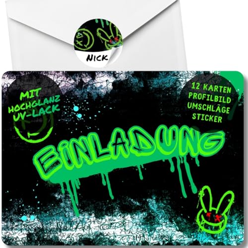 celebr8te 12x Graffiti Einladungskarten - Für den Kindergeburtstag von Jungen - grüne Neon Graffiti Geburtstagseinladungen +12 Umschläge +12 Sticker celebr8te 12x Graffiti Einladungskarten - Für den Kindergeburtstag von Jungen - grüne Neon Graffiti Geburtstagseinladungen +12 Umschläge +12 Sticker von celebr8te