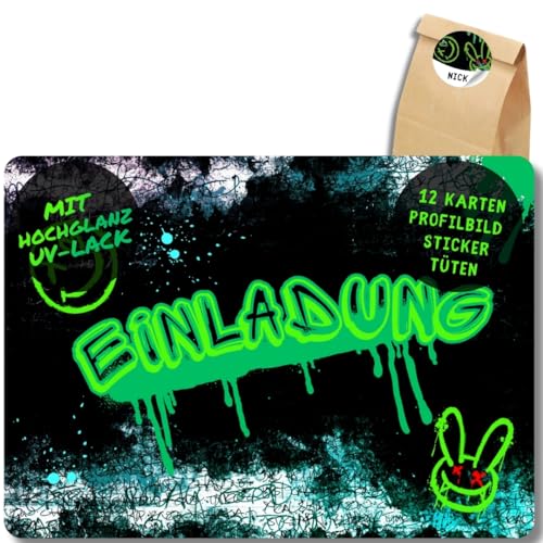celebr8te 12x Graffiti Einladungskarten - Für den Kindergeburtstag von Jungen - grüne Neon Graffiti Geburtstagseinladungen +12 Sticker +12 Geschenktüten celebr8te 12x Graffiti Einladungskarten - Für den Kindergeburtstag von Jungen - grüne Neon Graffiti Geburtstagseinladungen +12 Sticker +12 Geschenktüten von celebr8te