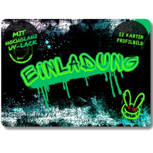 celebr8te 12x Graffiti Einladungskarten - Für den Kindergeburtstag von Jungen & Mädchen - grüne Neon Graffiti Geburtstagseinladungen FEHLSCHNITT von celebr8te