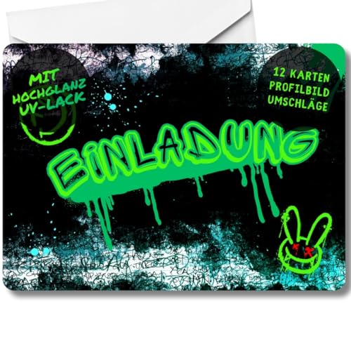celebr8te 12x Graffiti Einladungskarten - Für den Kindergeburtstag von Jungen - grüne Neon Graffiti Geburtstagseinladungen + 12 Umschläge (weiß) von celebr8te