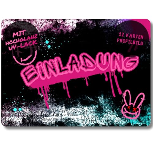 celebr8te 12x Graffiti Einladungskarten - Für den Kindergeburtstag von Jungen & Mädchen - pinke Neon Graffiti Geburtstagseinladungen FEHLSCHNITT von celebr8te