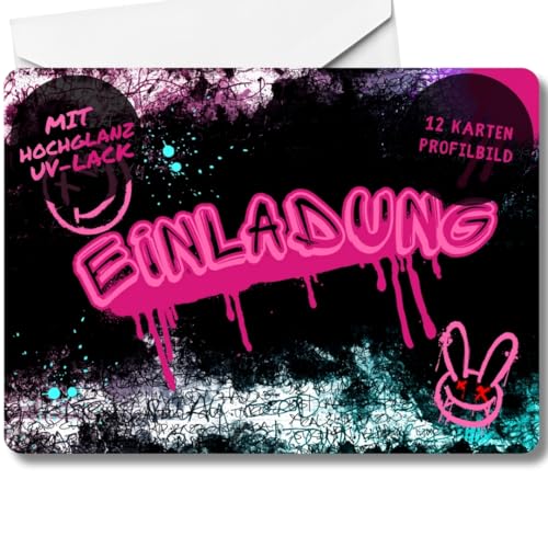 celebr8te 12x Graffiti Einladungskarten - Für den Kindergeburtstag von Mädchen - pinke Neon Graffiti Geburtstagseinladungen + 12 Umschläge (weiß) von celebr8te