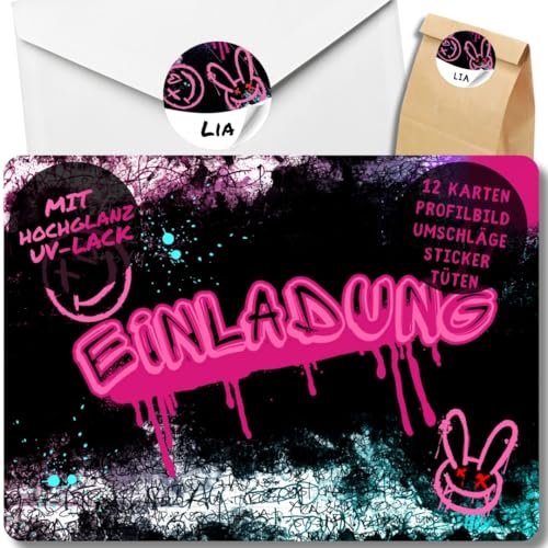 celebr8te 12x Graffiti Einladungskarten - Für den Kindergeburtstag von Mädchen - pinke Neon Graffiti Geburtstagseinladungen +12 Umschläge +24 Sticker +12 Geschenktüten celebr8te 12x Graffiti Einladungskarten - Für den Kindergeburtstag von Mädchen - pinke Neon Graffiti Geburtstagseinladungen +12 Umschläge +24 Sticker +12 Geschenktüten von celebr8te