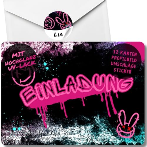 celebr8te 12x Graffiti Einladungskarten - Für den Kindergeburtstag von Mädchen - pinke Neon Graffiti Geburtstagseinladungen +12 Umschläge +12 Sticker celebr8te 12x Graffiti Einladungskarten - Für den Kindergeburtstag von Mädchen - pinke Neon Graffiti Geburtstagseinladungen +12 Umschläge +12 Sticker von celebr8te