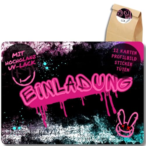 celebr8te 12x Graffiti Einladungskarten - Für den Kindergeburtstag von Mädchen - pinke Neon Graffiti Geburtstagseinladungen +12 Sticker +12 Geschenktüten celebr8te 12x Graffiti Einladungskarten - Für den Kindergeburtstag von Mädchen - pinke Neon Graffiti Geburtstagseinladungen +12 Sticker +12 Geschenktüten von celebr8te