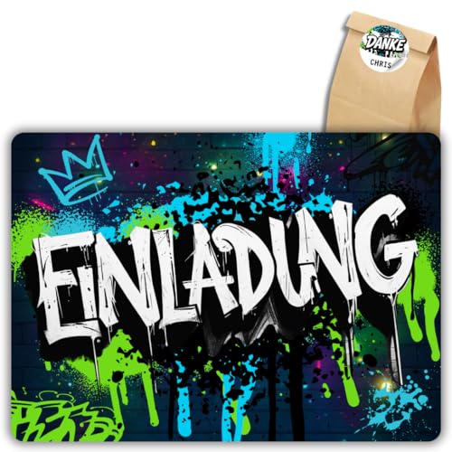 celebr8te 12x Graffiti Einladungskarten Nr.1 - Für den Kindergeburtstag von Jungen & Mädchen - Neon Graffiti Geburtstagseinladungen +12 Sticker +12 Geschenktüten von celebr8te