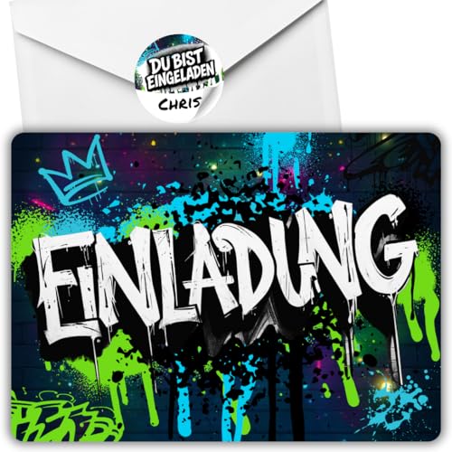 celebr8te 12x Graffiti Einladungskarten Nr.1 - Für den Kindergeburtstag von Jungen & Mädchen - Neon Graffiti Geburtstagseinladungen +12 Umschläge +12 Sticker celebr8te 12x Graffiti Einladungskarten Nr.1 - Für den Kindergeburtstag von Jungen & Mädchen - Neon Graffiti Geburtstagseinladungen +12 Umschläge +12 Sticker von celebr8te