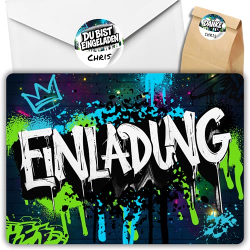 celebr8te 12x Graffiti Einladungskarten Nr.1 - Für den Kindergeburtstag von Jungen & Mädchen - Neon Graffiti Geburtstagseinladungen +12 Umschläge +24 Sticker +12 Geschenktüten celebr8te 12x Graffiti Einladungskarten Nr.1 - Für den Kindergeburtstag von Jungen & Mädchen - Neon Graffiti Geburtstagseinladungen +12 Umschläge +24 Sticker +12 Geschenktüten von celebr8te