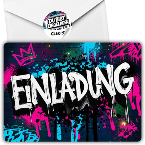 celebr8te 12x Graffiti Einladungskarten Nr.2 - Für den Kindergeburtstag von Jungen & Mädchen - Neon Graffiti Geburtstagseinladungen +12 Umschläge +12 Sticker von celebr8te
