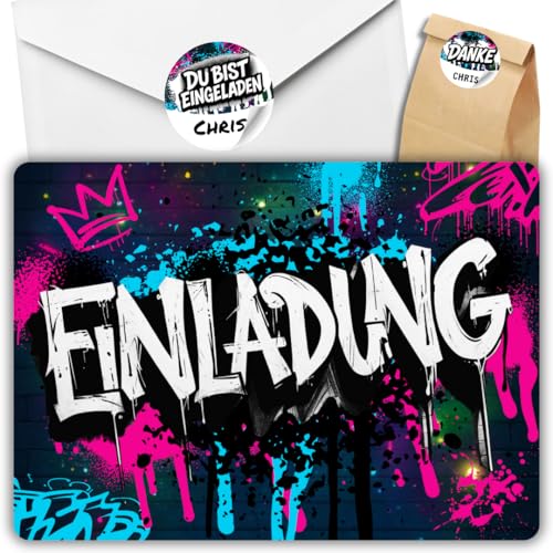 celebr8te 12x Graffiti Einladungskarten Nr.2 - Für den Kindergeburtstag von Jungen & Mädchen - Neon Graffiti Geburtstagseinladungen +12 Umschläge +24 Sticker +12 Geschenktüten von celebr8te