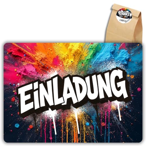 celebr8te 12x Graffiti Einladungskarten Nr.3 - Für den Kindergeburtstag von Jungen & Mädchen - Neon Graffiti Geburtstagseinladungen +12 Sticker +12 Geschenktüten von celebr8te