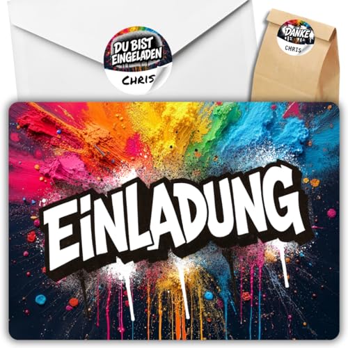celebr8te 12x Graffiti Einladungskarten Nr.3 - Für den Kindergeburtstag von Jungen & Mädchen - Neon Graffiti Geburtstagseinladungen +12 Umschläge +24 Sticker +12 Geschenktüten von celebr8te