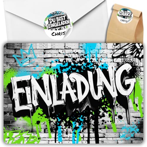 celebr8te 12x Graffiti Einladungskarten Nr.4 - Für den Kindergeburtstag von Jungen & Mädchen - Neon Graffiti Geburtstagseinladungen +12 Umschläge +24 Sticker +12 Geschenktüten celebr8te 12x Graffiti Einladungskarten Nr.4 - Für den Kindergeburtstag von Jungen & Mädchen - Neon Graffiti Geburtstagseinladungen +12 Umschläge +24 Sticker +12 Geschenktüten von celebr8te