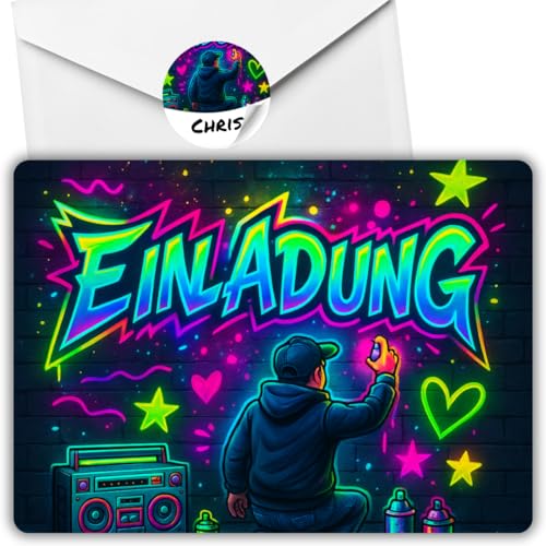 celebr8te 12x Graffiti Einladungskarten Nr.6 - Für den Kindergeburtstag von Jungen & Mädchen - Neon Graffiti Geburtstagseinladungen +12 Umschläge +12 Sticker celebr8te 12x Graffiti Einladungskarten Nr.6 - Für den Kindergeburtstag von Jungen & Mädchen - Neon Graffiti Geburtstagseinladungen +12 Umschläge +12 Sticker von celebr8te