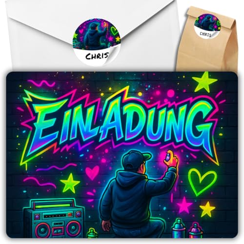 celebr8te 12x Graffiti Einladungskarten Nr.6- Für den Kindergeburtstag von Jungen & Mädchen - Neon Graffiti Geburtstagseinladungen +12 Umschläge +24 Sticker +12 Geschenktüten von celebr8te