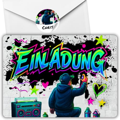 celebr8te 12x Graffiti Einladungskarten Nr.7 - Für den Kindergeburtstag von Jungen & Mädchen - Neon Graffiti Geburtstagseinladungen +12 Umschläge +12 Sticker celebr8te 12x Graffiti Einladungskarten Nr.7 - Für den Kindergeburtstag von Jungen & Mädchen - Neon Graffiti Geburtstagseinladungen +12 Umschläge +12 Sticker von celebr8te