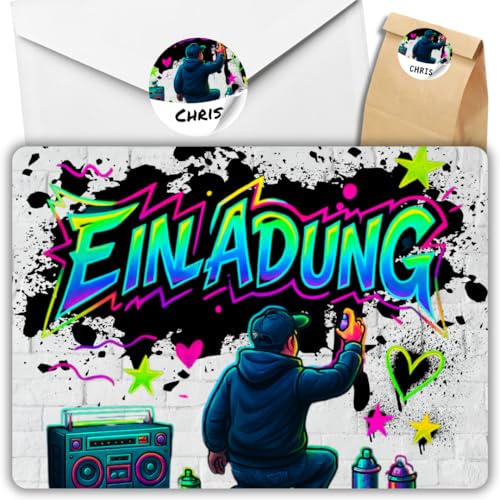 celebr8te 12x Graffiti Einladungskarten Nr.7 - Für den Kindergeburtstag von Jungen & Mädchen - Neon Graffiti Geburtstagseinladungen +12 Umschläge +24 Sticker +12 Geschenktüten von celebr8te