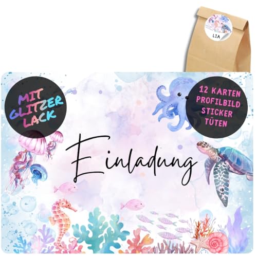 celebr8te 12x Meerestiere Glitzer Einladungskarten - Für den Kindergeburtstag von Mädchen - Partyeinladungen für Geburtstage mit Tiere aus dem Meer Design +12 Sticker +12 Geschenktüten celebr8te 12x Meerestiere Glitzer Einladungskarten - Für den Kindergeburtstag von Mädchen - Partyeinladungen für Geburtstage mit Tiere aus dem Meer Design +12 Sticker +12 Geschenktüten von celebr8te