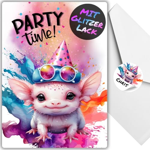 celebr8te 12x Party Axolotl Glitzer Einladungskarten - Teenager Kindergeburtstag Jungen & Mädchen - coole Tier Geburtstagseinladungen +12 Umschläge +12 Sticker celebr8te 12x Party Axolotl Glitzer Einladungskarten - Teenager Kindergeburtstag Jungen & Mädchen - coole Tier Geburtstagseinladungen +12 Umschläge +12 Sticker von celebr8te