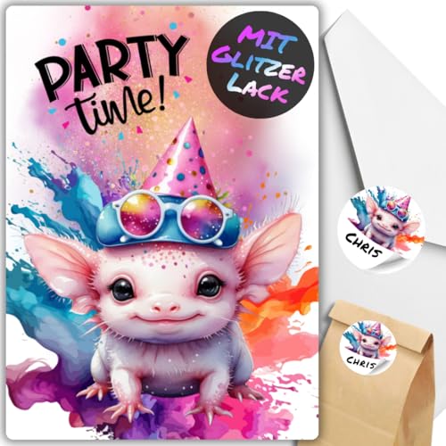 celebr8te 12x Party Axolotl Glitzer Einladungskarten - Teenager Kindergeburtstag Jungen & Mädchen - coole Tier Geburtstagseinladungen +12 Umschläge +24 Sticker +12 Geschenktüten celebr8te 12x Party Axolotl Glitzer Einladungskarten - Teenager Kindergeburtstag Jungen & Mädchen - coole Tier Geburtstagseinladungen +12 Umschläge +24 Sticker +12 Geschenktüten von celebr8te