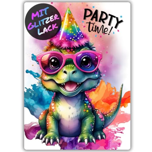 celebr8te 12x Party Dino Glitzer Einladungskarten - Teenager Kindergeburtstag Jungen & Mädchen - coole Tier Geburtstagseinladungen inkl. Messenger Bild & Urlaubsgutschein von celebr8te