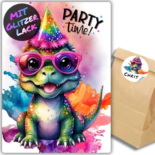 celebr8te 12x Party Dino Glitzer Einladungskarten - Teenager Kindergeburtstag Jungen & Mädchen - coole Tier Geburtstagseinladungen +12 Sticker +12 Geschenktüten celebr8te 12x Party Dino Glitzer Einladungskarten - Teenager Kindergeburtstag Jungen & Mädchen - coole Tier Geburtstagseinladungen +12 Sticker +12 Geschenktüten von celebr8te
