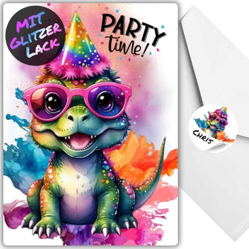 celebr8te 12x Party Dino Glitzer Einladungskarten - Teenager Kindergeburtstag Jungen & Mädchen - coole Tier Geburtstagseinladungen +12 Umschläge +12 Sticker von celebr8te