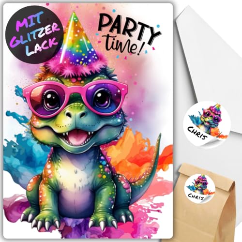 celebr8te 12x Party Dino Glitzer Einladungskarten - Teenager Kindergeburtstag Jungen & Mädchen - coole Tier Geburtstagseinladungen +12 Umschläge +24 Sticker +12 Geschenktüten celebr8te 12x Party Dino Glitzer Einladungskarten - Teenager Kindergeburtstag Jungen & Mädchen - coole Tier Geburtstagseinladungen +12 Umschläge +24 Sticker +12 Geschenktüten von celebr8te