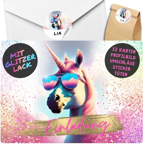 celebr8te 12x Party Einhorn Glitzer Einladungskarten - Für den Kindergeburtstag von Mädchen - coole Einhorn Geburtstagseinladungen + 12 Umschläge + 24 Sticker + 12 Geschenktüten celebr8te 12x Party Einhorn Glitzer Einladungskarten - Für den Kindergeburtstag von Mädchen - coole Einhorn Geburtstagseinladungen + 12 Umschläge + 24 Sticker + 12 Geschenktüten von celebr8te