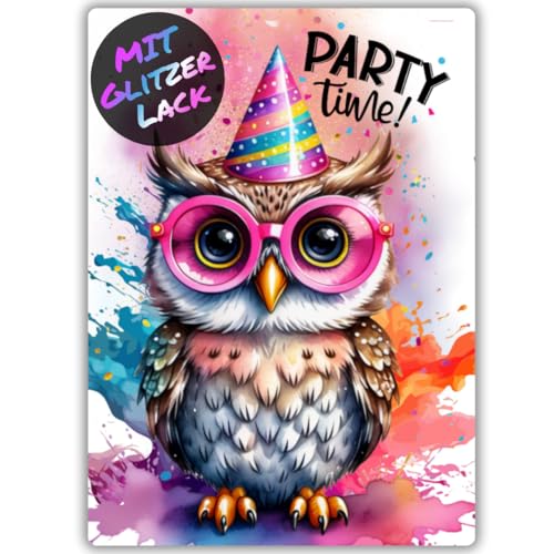 celebr8te 12x Party Eule Glitzer Einladungskarten - Teenager Kindergeburtstag Jungen & Mädchen - coole Tier Geburtstagseinladungen inkl. Messenger Bild & Urlaubsgutschein von celebr8te