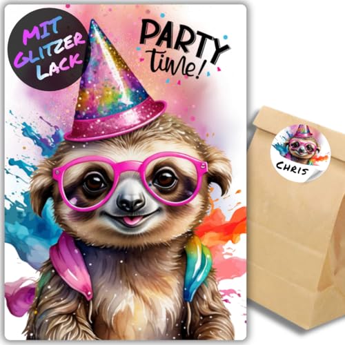 celebr8te 12x Party Faultier Glitzer Einladungskarten - Teenager Kindergeburtstag Jungen & Mädchen - coole Tier Geburtstagseinladungen +12 Sticker +12 Geschenktüten von celebr8te