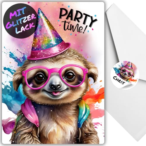 celebr8te 12x Party Faultier Glitzer Einladungskarten - Teenager Kindergeburtstag Jungen & Mädchen - coole Tier Geburtstagseinladungen +12 Umschläge +12 Sticker celebr8te 12x Party Faultier Glitzer Einladungskarten - Teenager Kindergeburtstag Jungen & Mädchen - coole Tier Geburtstagseinladungen +12 Umschläge +12 Sticker von celebr8te
