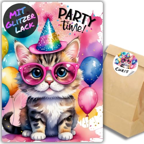 celebr8te 12x Party Katze Glitzer Einladungskarten - Teenager Kindergeburtstag Jungen & Mädchen - coole Tier Geburtstagseinladungen +12 Sticker +12 Geschenktüten von celebr8te