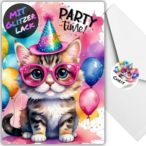 celebr8te 12x Party Katze Glitzer Einladungskarten - Teenager Kindergeburtstag Jungen & Mädchen - coole Tier Geburtstagseinladungen +12 Umschläge +12 Sticker von celebr8te