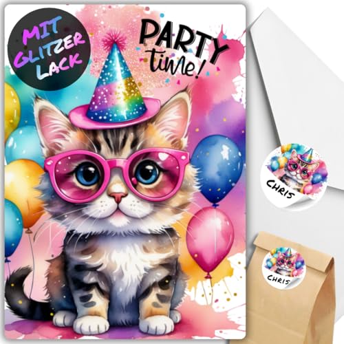 celebr8te 12x Party Katze Glitzer Einladungskarten - Teenager Kindergeburtstag Jungen & Mädchen - coole Tier Geburtstagseinladungen +12 Umschläge +24 Sticker +12 Geschenktüten celebr8te 12x Party Katze Glitzer Einladungskarten - Teenager Kindergeburtstag Jungen & Mädchen - coole Tier Geburtstagseinladungen +12 Umschläge +24 Sticker +12 Geschenktüten von celebr8te