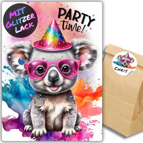 celebr8te 12x Party Koala Glitzer Einladungskarten - Teenager Kindergeburtstag Jungen & Mädchen - coole Tier Geburtstagseinladungen +12 Sticker +12 Geschenktüten von celebr8te