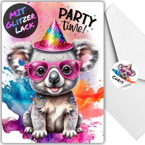 celebr8te 12x Party Koala Glitzer Einladungskarten - Teenager Kindergeburtstag Jungen & Mädchen - coole Tier Geburtstagseinladungen +12 Umschläge +12 Sticker celebr8te 12x Party Koala Glitzer Einladungskarten - Teenager Kindergeburtstag Jungen & Mädchen - coole Tier Geburtstagseinladungen +12 Umschläge +12 Sticker von celebr8te
