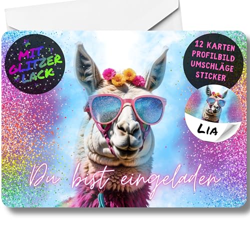 celebr8te 12x Party Lama Glitzer Einladungskarten - Für den Kindergeburtstag von Mädchen - Lustige Alpaka Geburtstagseinladungen +12 Umschlägen + 12 Sticker von celebr8te