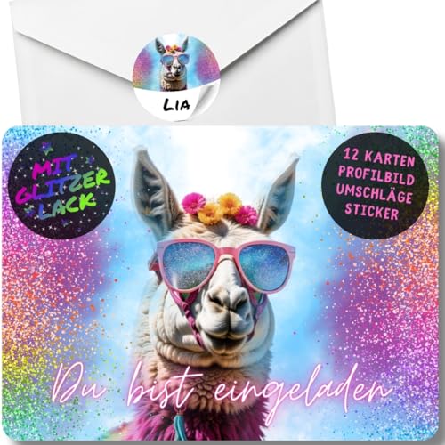 celebr8te 12x Party Lama Glitzer Einladungskarten - Für den Kindergeburtstag von Mädchen - Lustige Alpaka Geburtstagseinladungen +12 Umschlägen + 12 Sticker von celebr8te