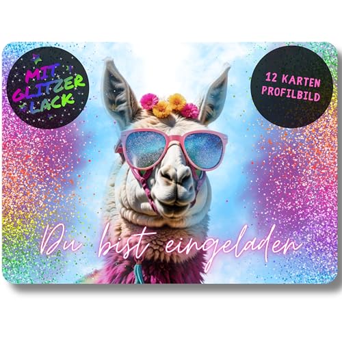 celebr8te 12x Party Lama Glitzer Einladungskarten - Für den Kindergeburtstag von Mädchen - Lustige Alpaka Geburtstagseinladungen inkl. Messenger Bild & Urlaubsgutschein von celebr8te