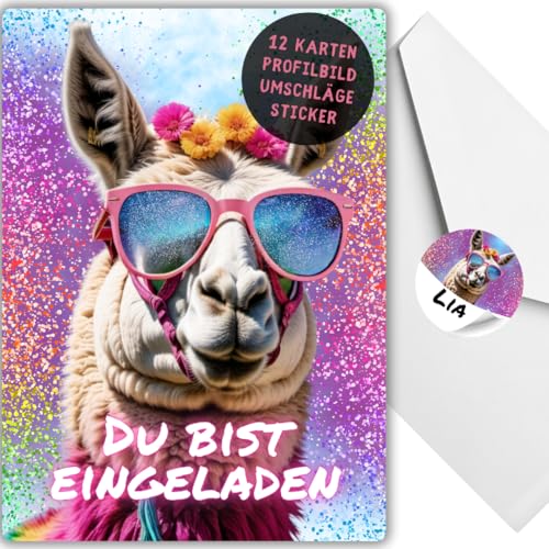 celebr8te 12x Party Lama Glitzer Einladungskarten - Für den Kindergeburtstag von Mädchen - Lustige Alpaka Geburtstagseinladungen +12 Umschläge +12 Sticker von celebr8te